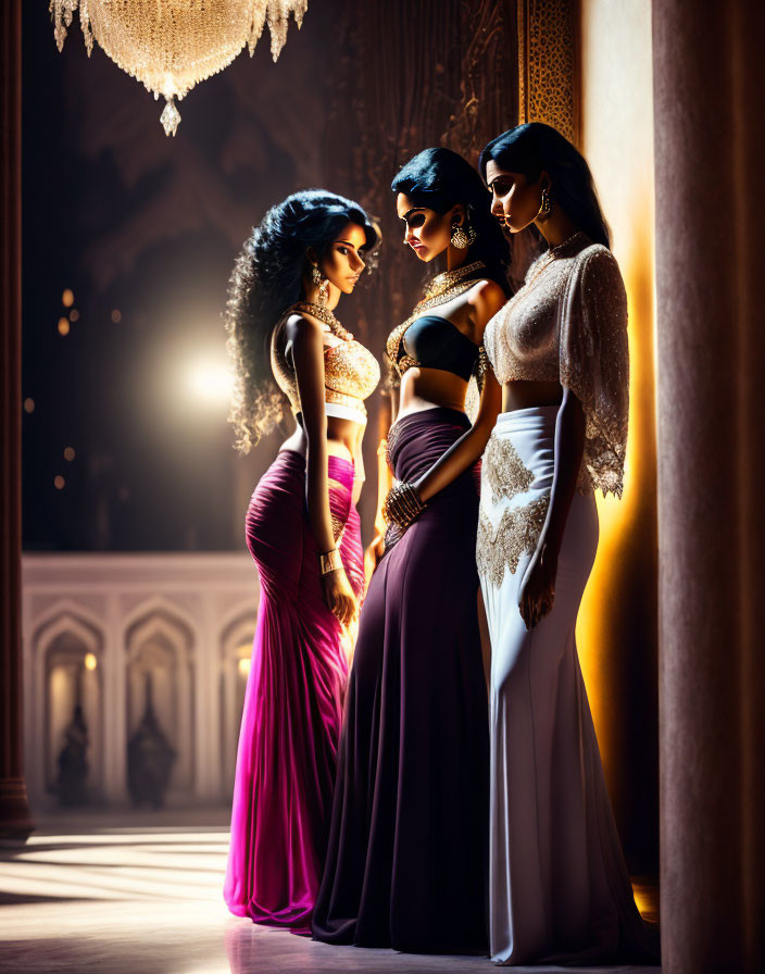 Three Women in Traditional Indian Attire Near Ornate Column and Arches