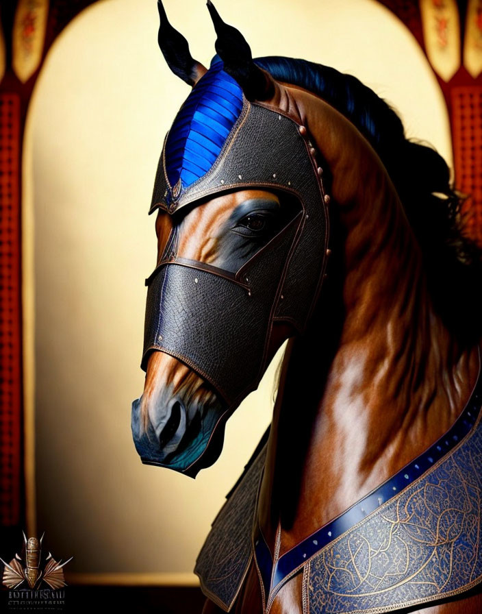 Ornate leather bridle and blue feather decor on horse against red backdrop