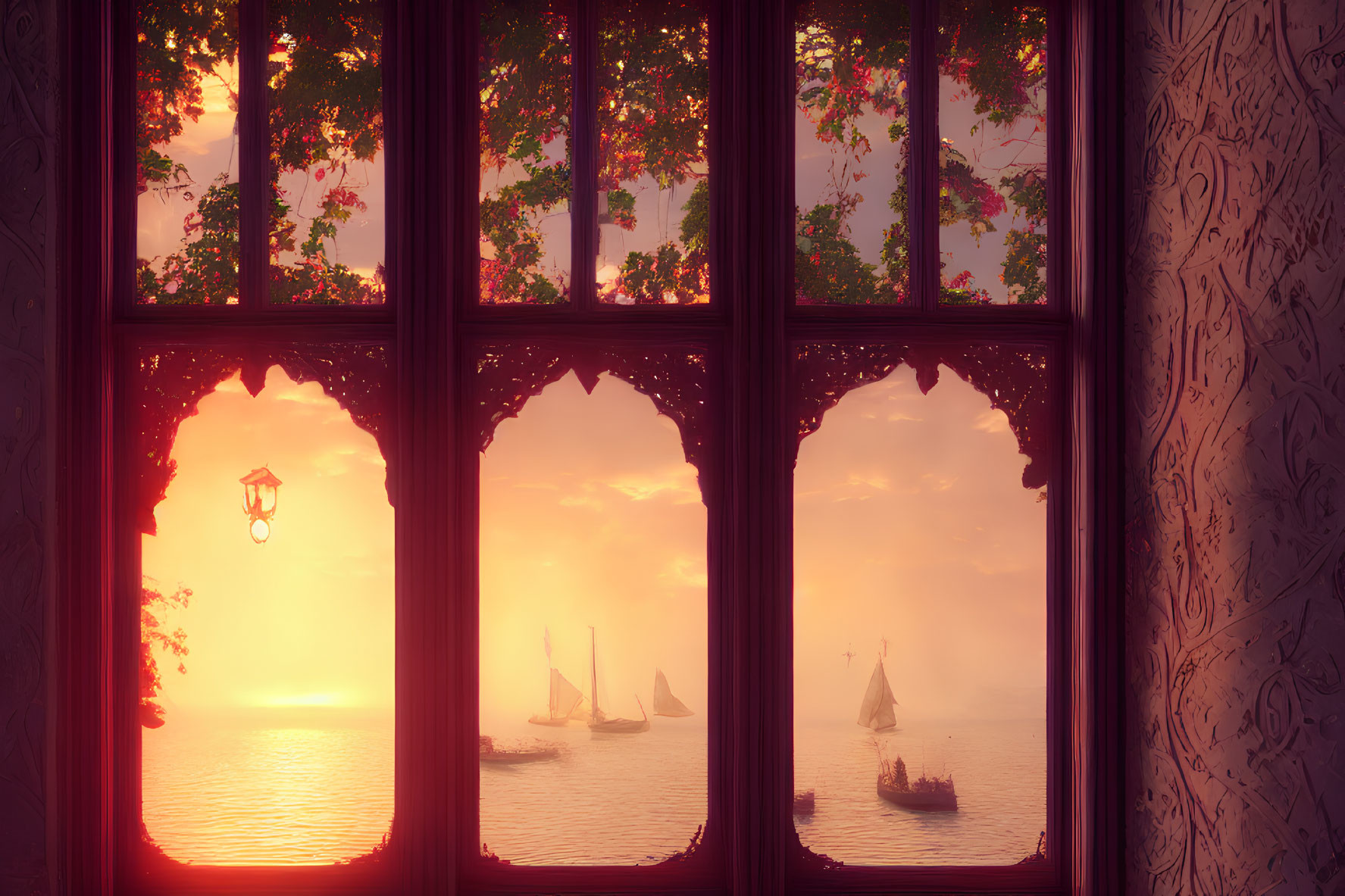 Tranquil sunset view through ornate red window frames with sailboats on calm waters