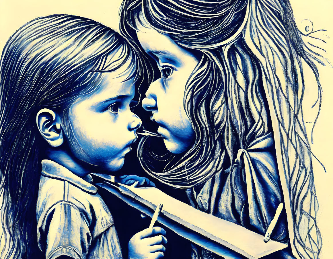 Illustration of Two Children Sharing Candy in Blue Tone