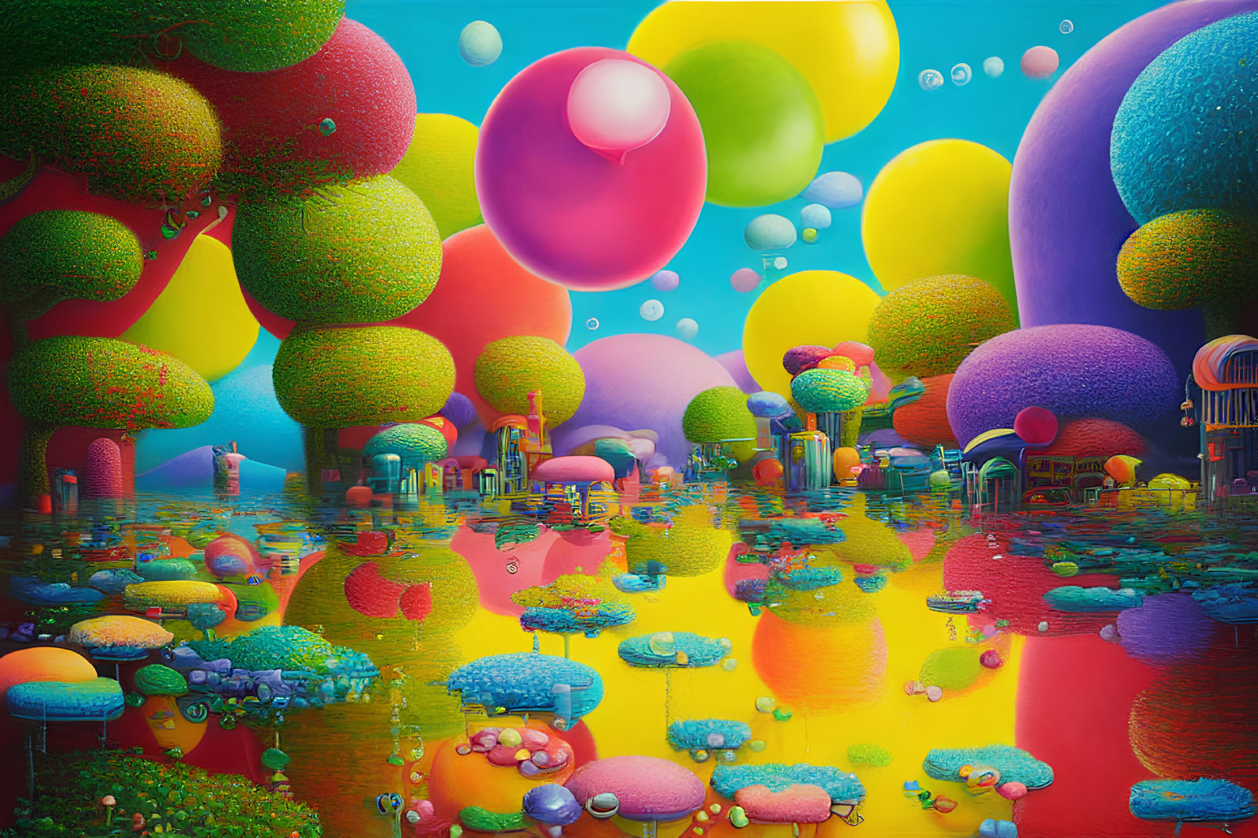 Colorful digital artwork: Magical landscape with spherical trees, reflective water, whimsical structures