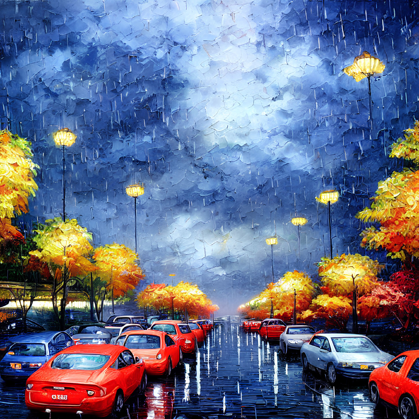 Rainy Street Scene with Autumn Trees, Wet Pavement, Cars, and Streetlights