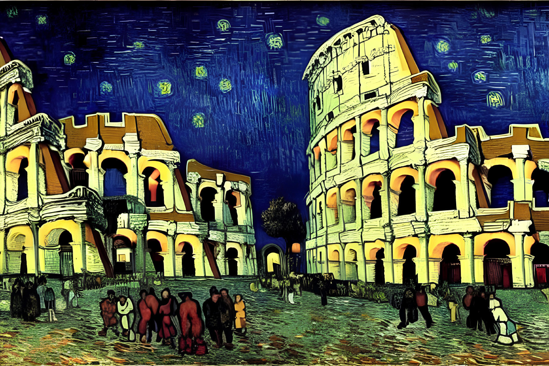 Digital artwork resembling Van Gogh's "Starry Night" featuring the Colosseum and star