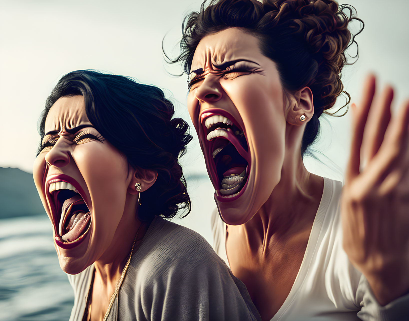 Two women in heated argument with exaggerated facial expressions.