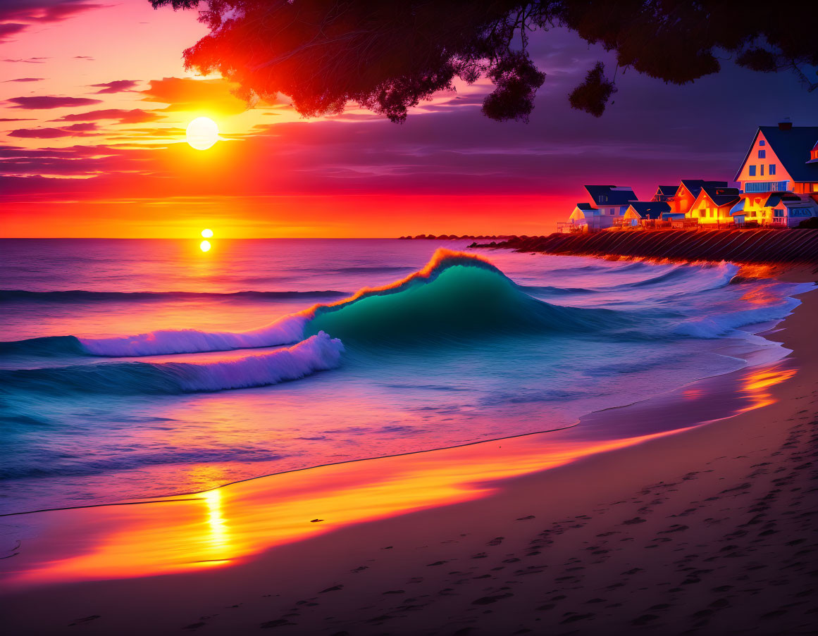 Scenic Beach Sunset with Fiery Sky and Silhouetted Coastal Homes