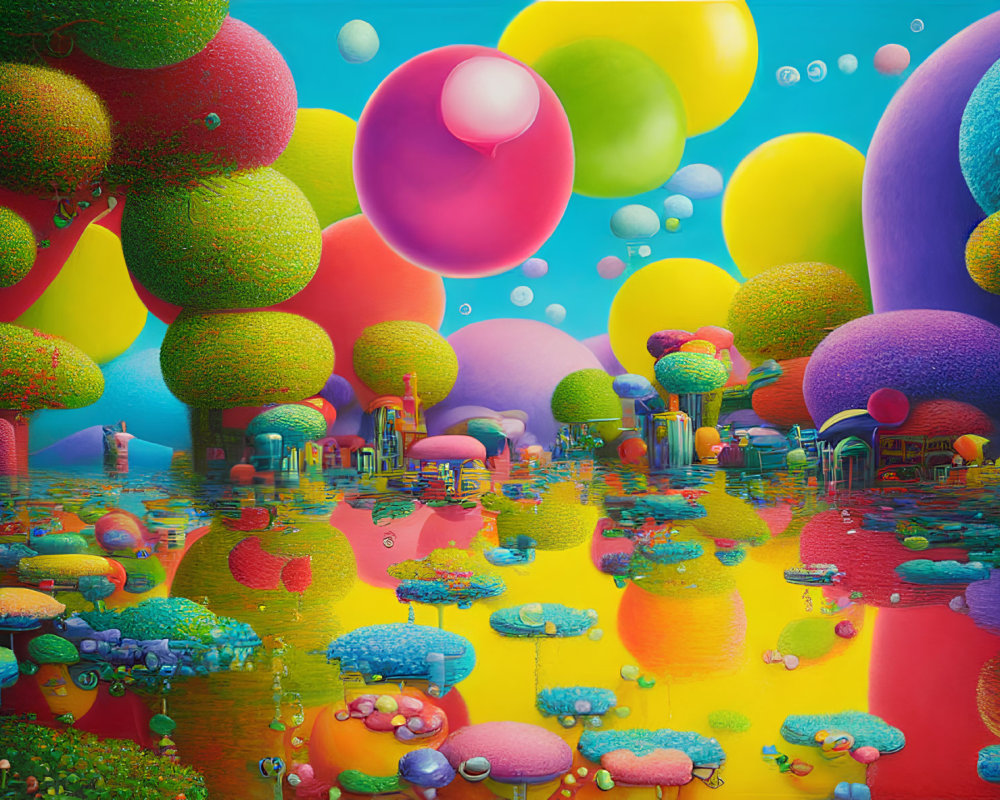 Colorful digital artwork: Magical landscape with spherical trees, reflective water, whimsical structures