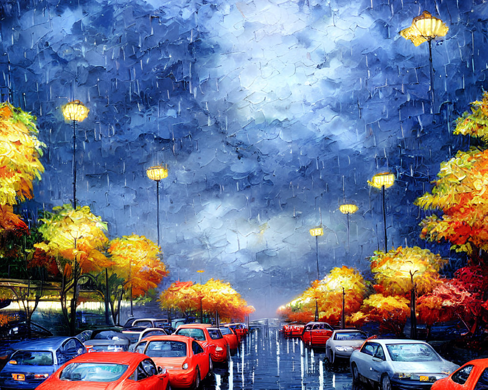 Rainy Street Scene with Autumn Trees, Wet Pavement, Cars, and Streetlights