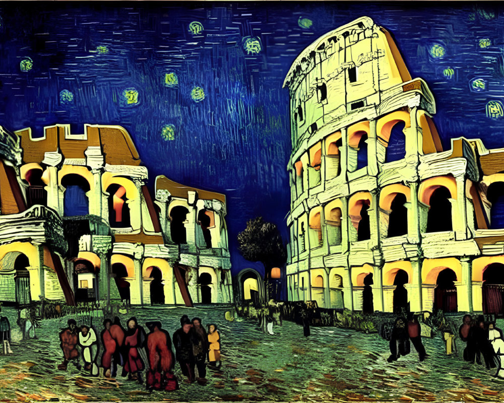 Digital artwork resembling Van Gogh's "Starry Night" featuring the Colosseum and star