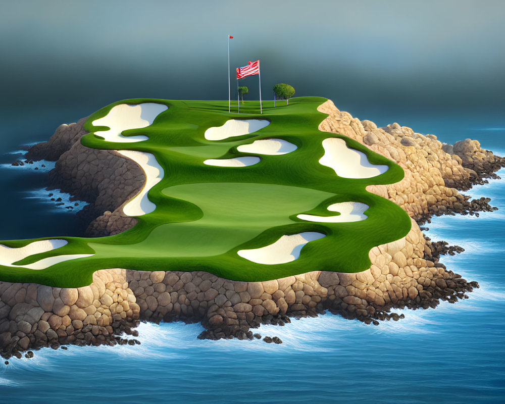 Scenic island golf course with sand bunkers and US flag