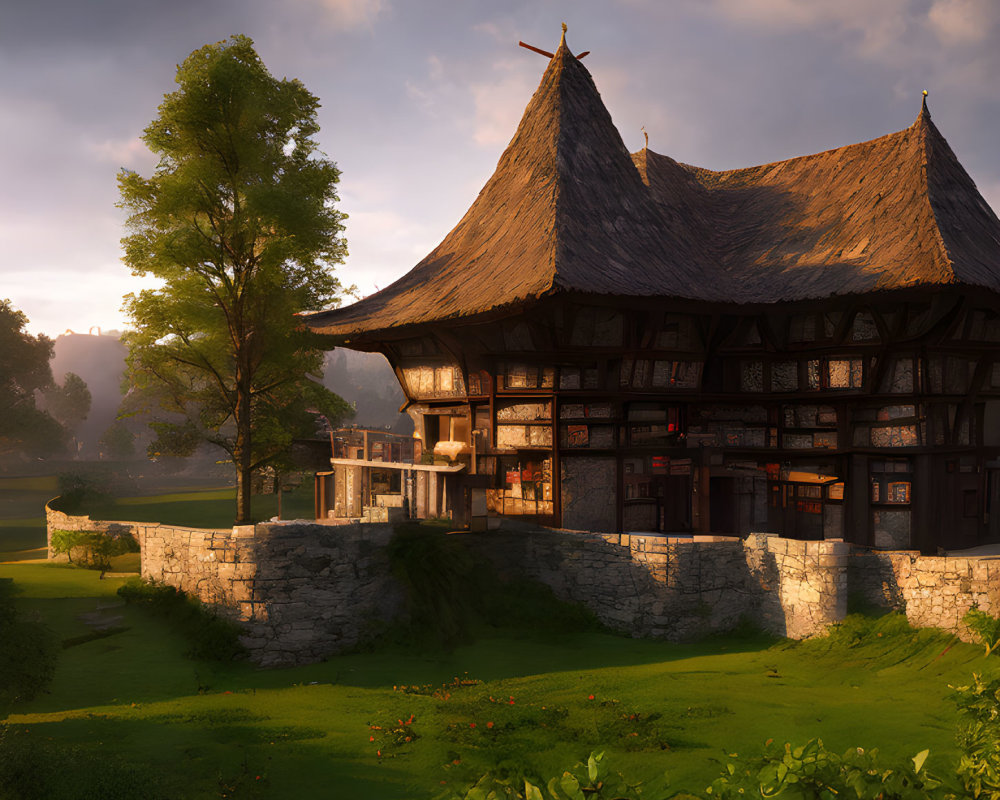 Traditional-style house with thatched roof and timber framing in lush greenery at sunset