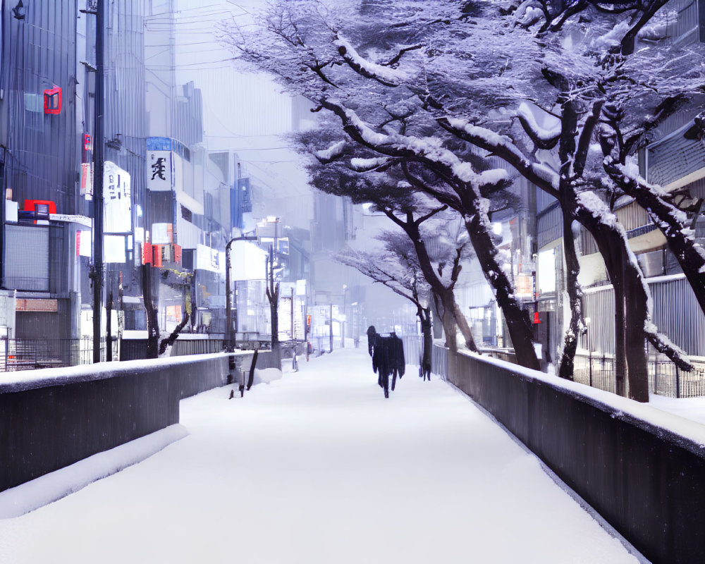 Snowy urban scene with person walking on snow-covered sidewalk surrounded by bare trees and illuminated signs.