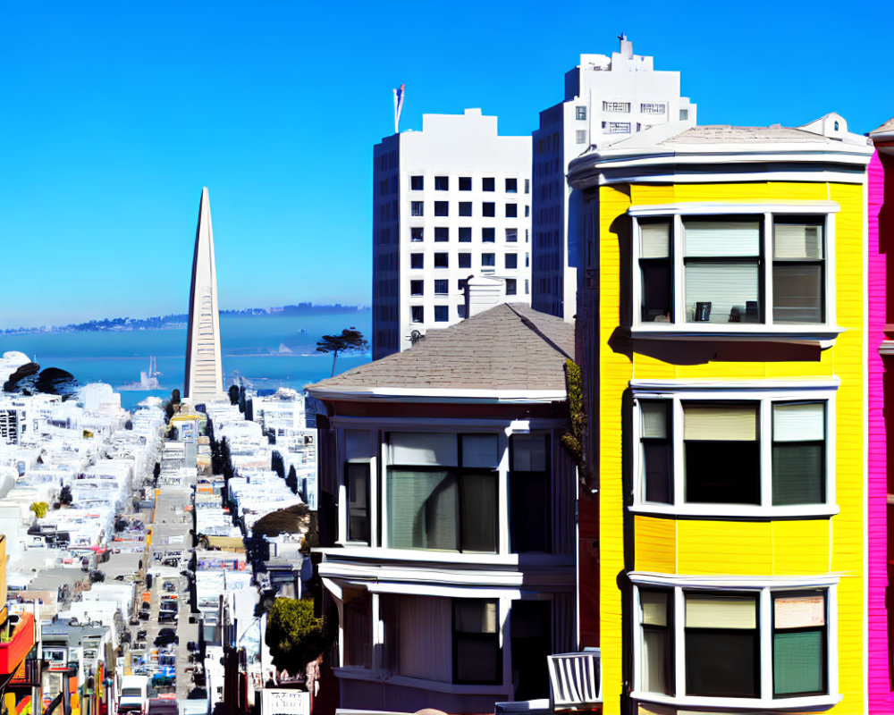 Victorian houses and Transamerica Pyramid against San Francisco skyline