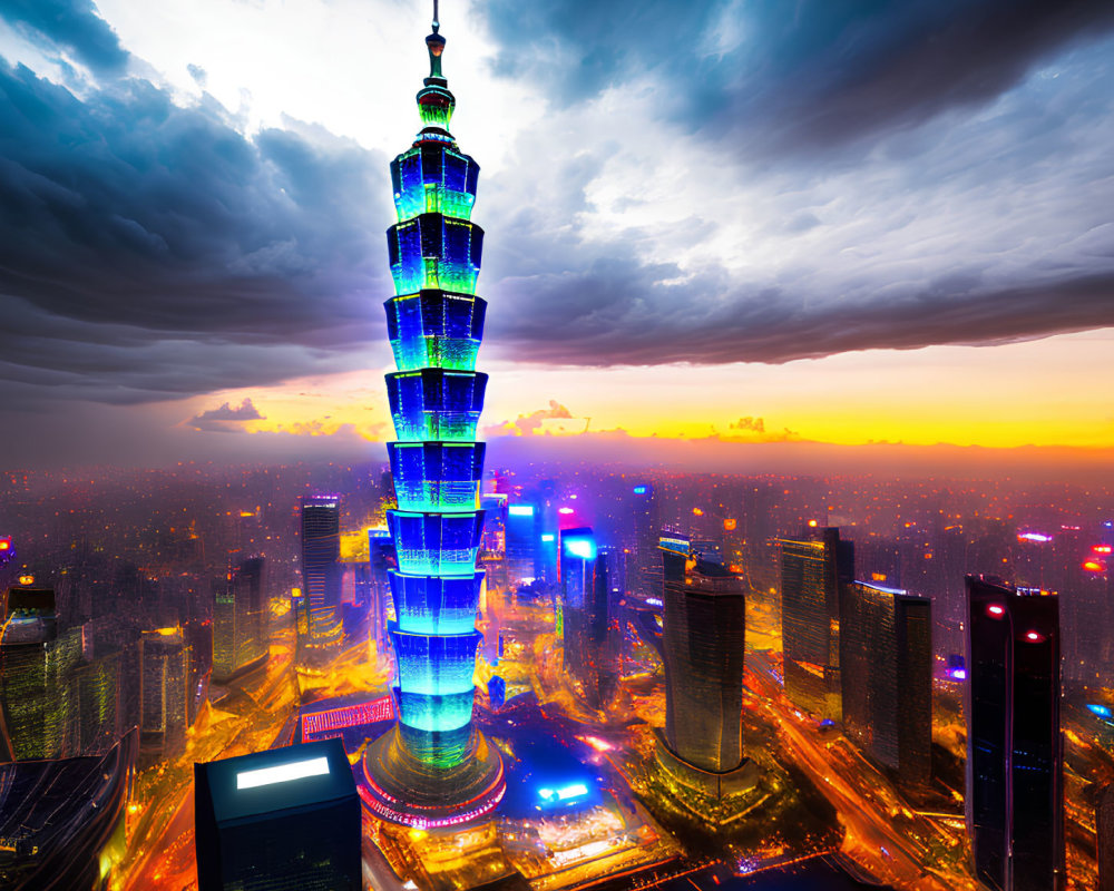 Nighttime skyline with tall illuminated tower and colorful lights amidst high-rise buildings under dramatic sunset