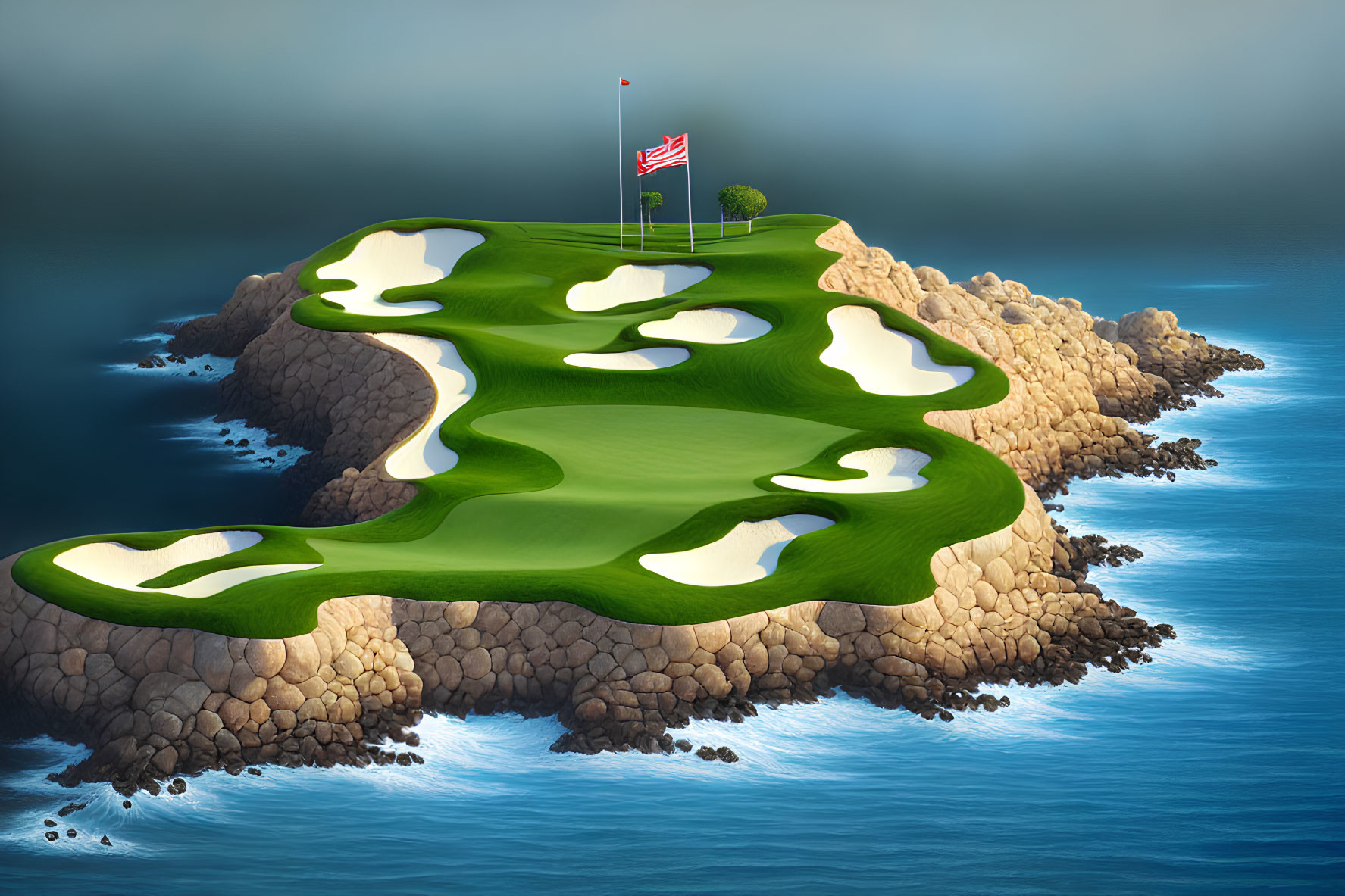 Scenic island golf course with sand bunkers and US flag