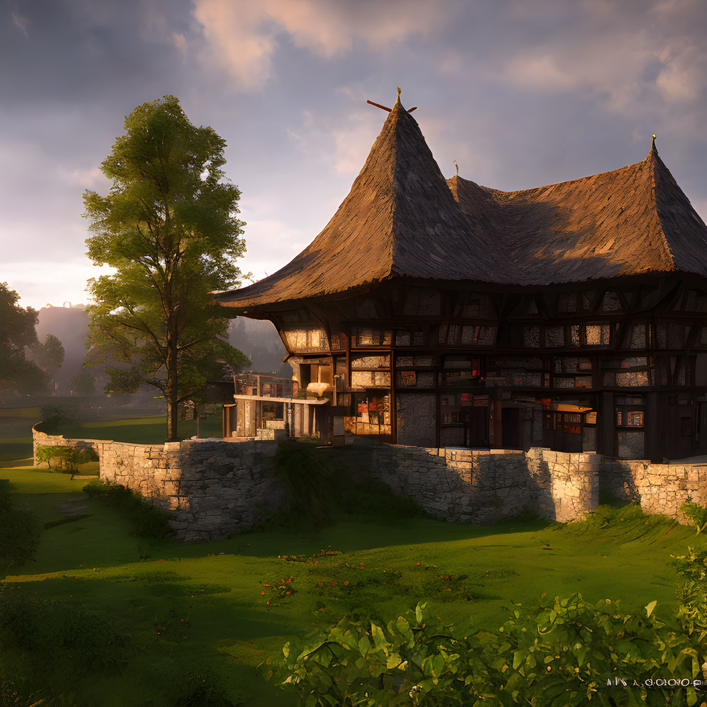 Traditional-style house with thatched roof and timber framing in lush greenery at sunset