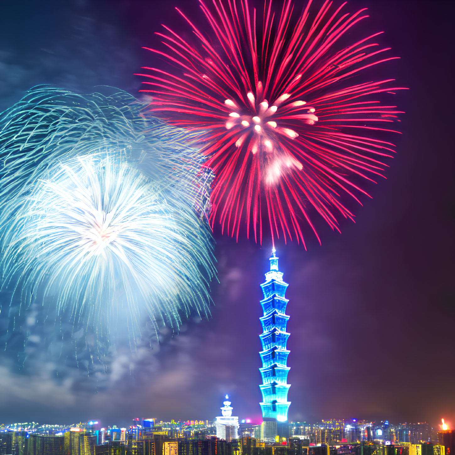 Colorful fireworks illuminate night sky above lit skyscraper