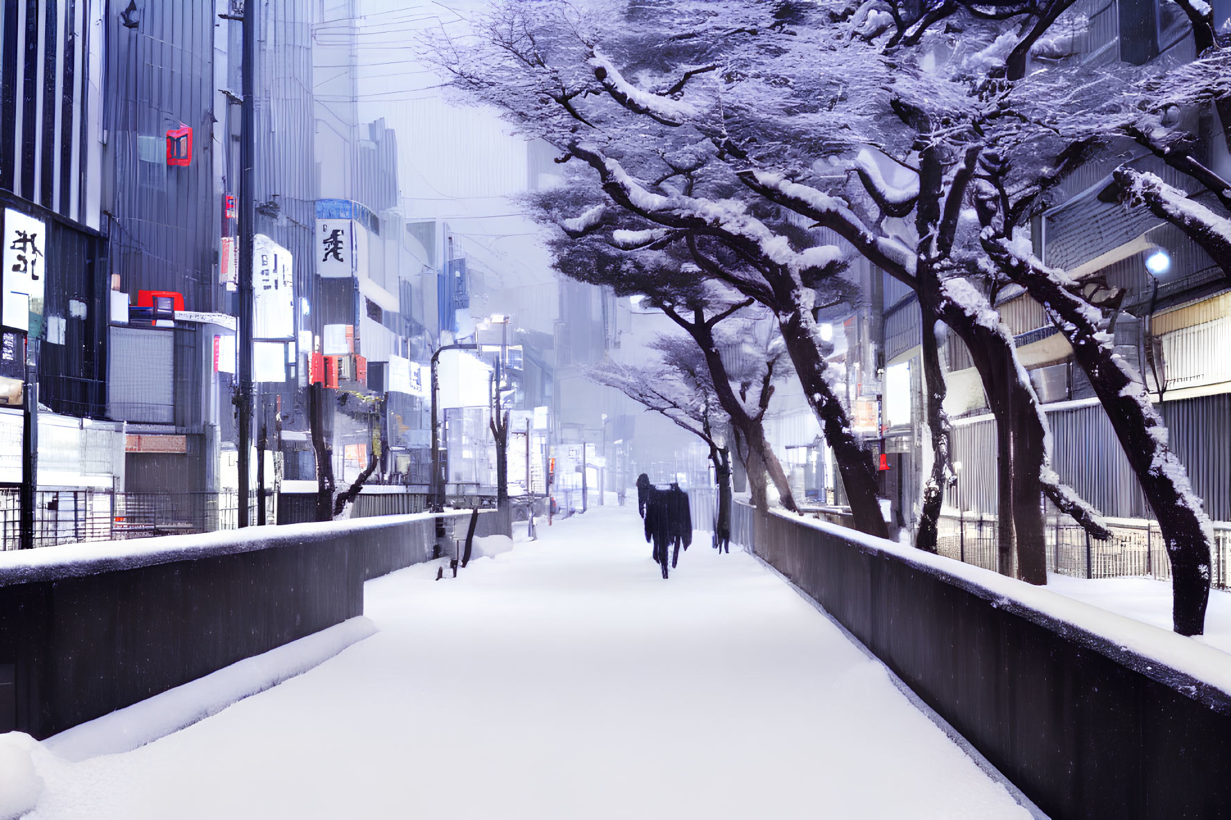 Snowy urban scene with person walking on snow-covered sidewalk surrounded by bare trees and illuminated signs.