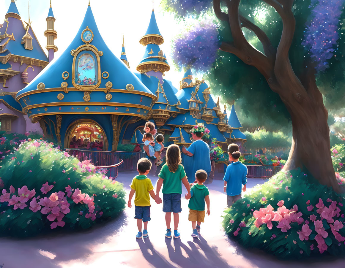 Family walking to colorful fairytale castle in lush setting