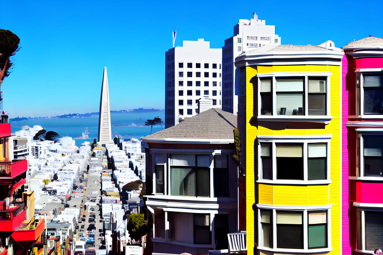 Victorian houses and Transamerica Pyramid against San Francisco skyline