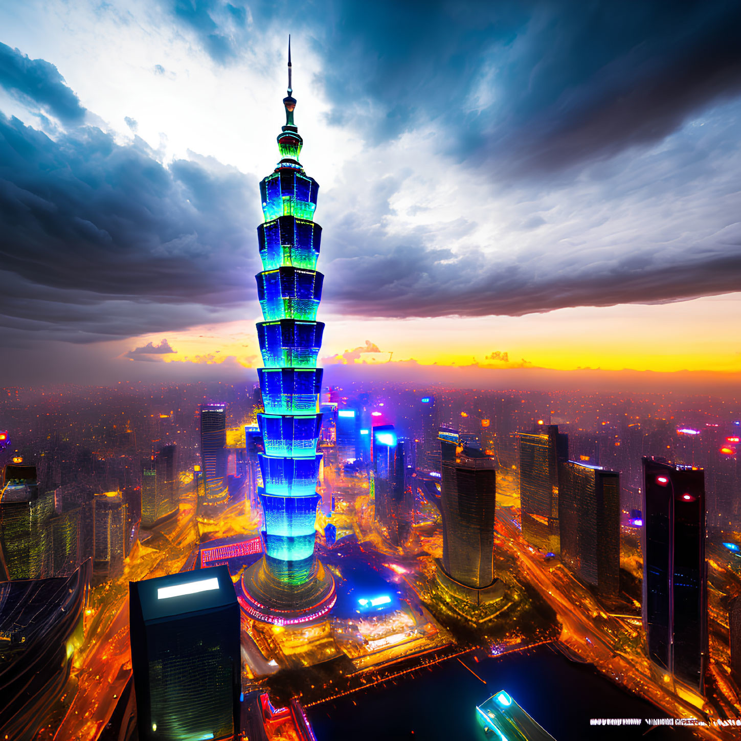 Nighttime skyline with tall illuminated tower and colorful lights amidst high-rise buildings under dramatic sunset