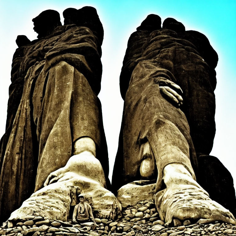 Person sitting at base of large stone statues under clear sky