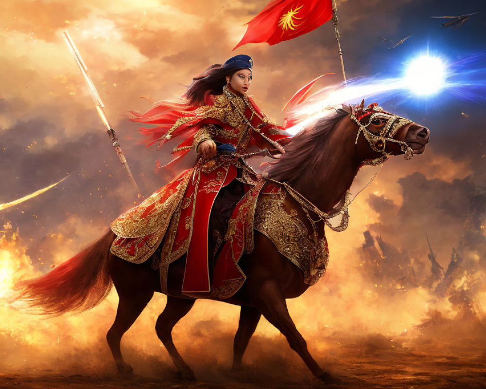 Warrior on Horseback in Red Armor Galloping Through Fiery Battlefield