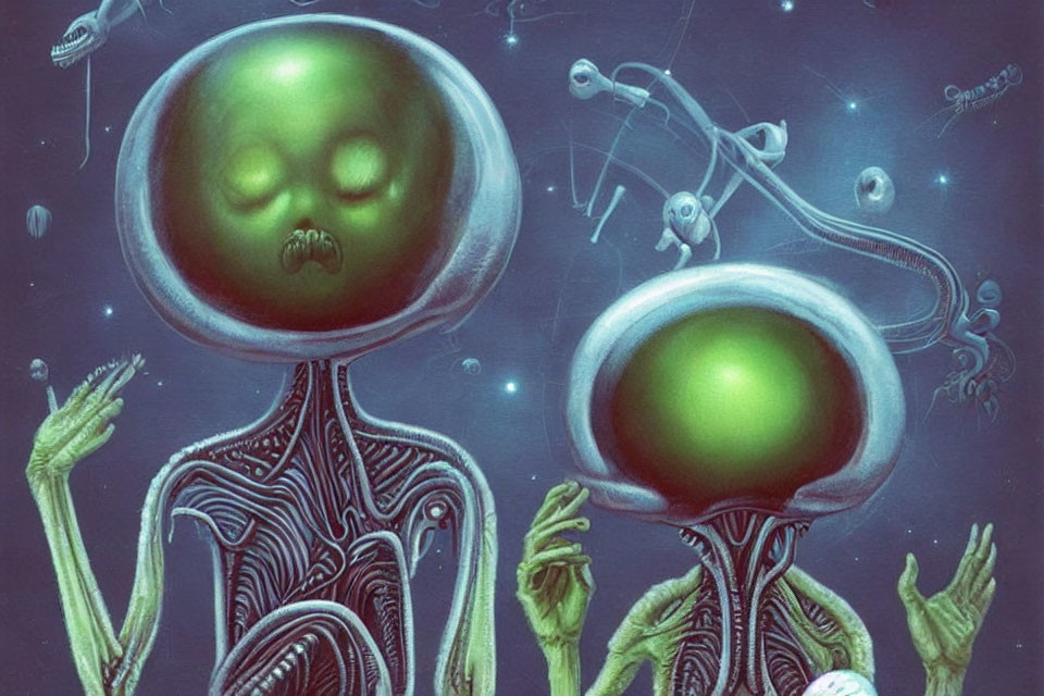 Stylized aliens with oversized heads and green skin in cosmic setting