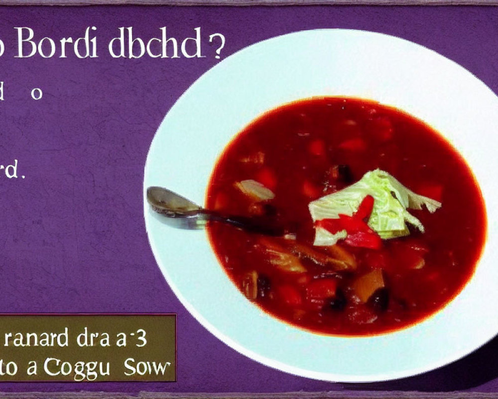 Vegetable soup with sour cream and spoon on purple background