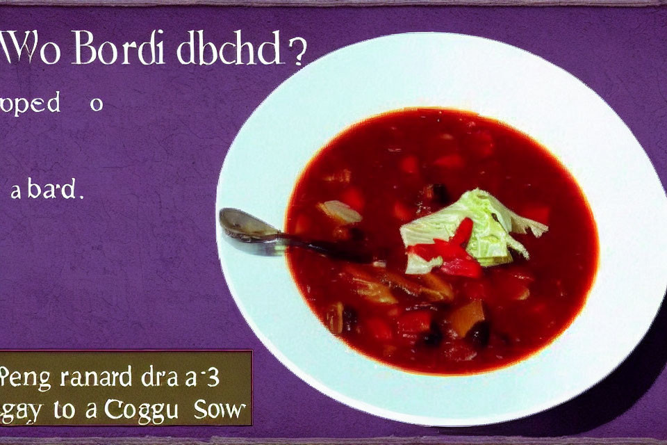 Vegetable soup with sour cream and spoon on purple background