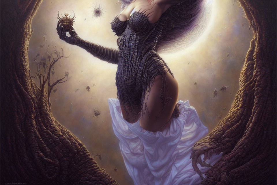 Surreal artwork of female figure in white dress with dark crown, tendrils, and eclipse.