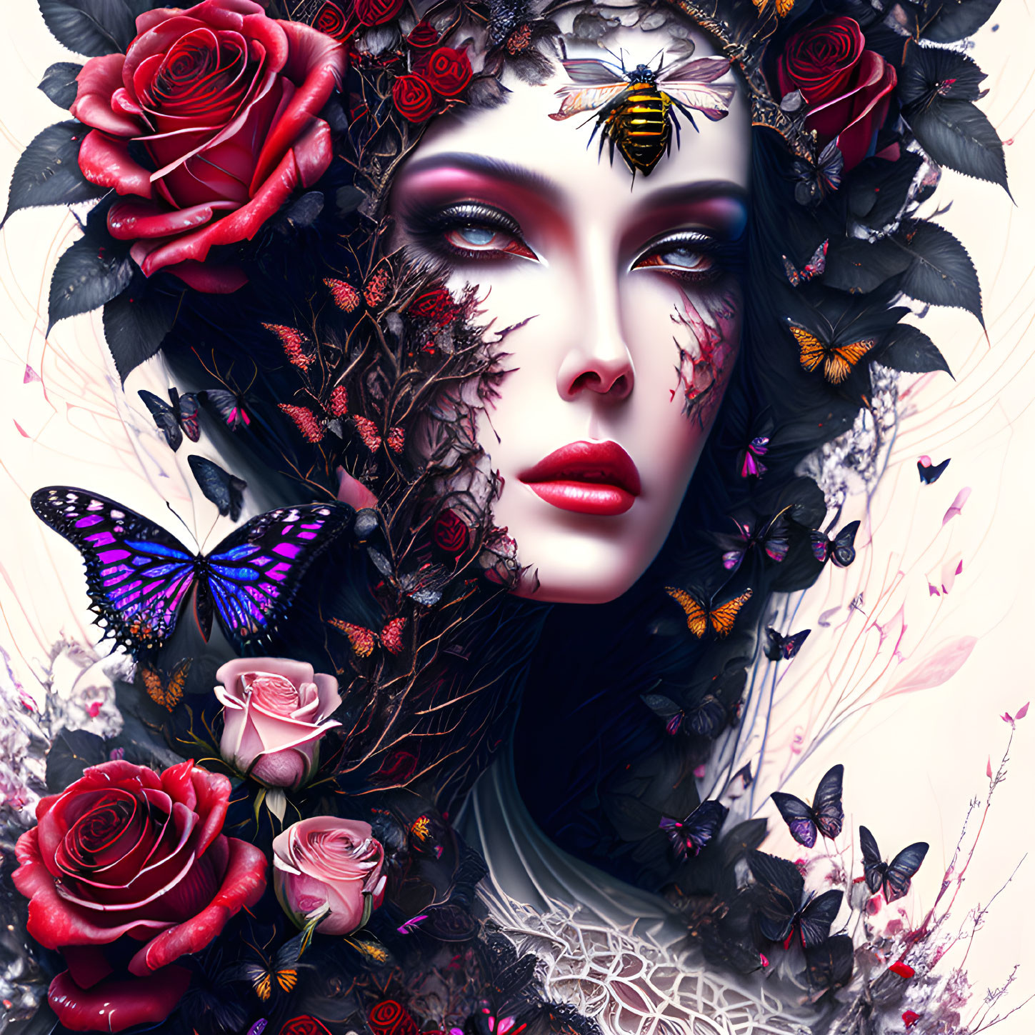 Fantastical portrait of woman with dark makeup and floral elements