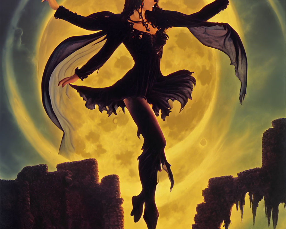 Fantasy illustration of woman dancing with yellow moon in magical ruins