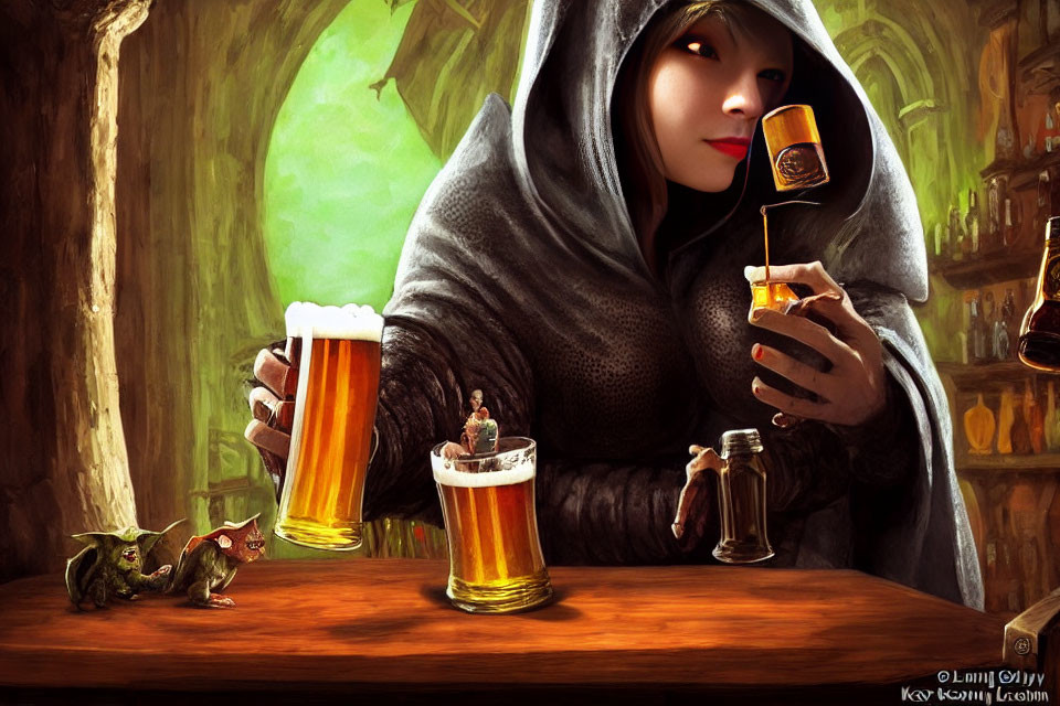 Cloaked figure with can, miniature people, and dragon at wooden bar