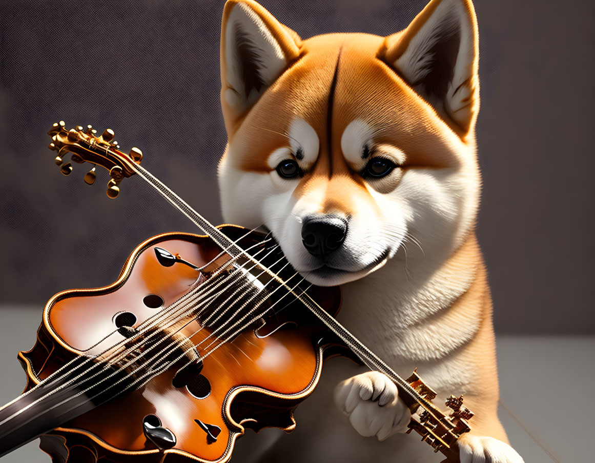 Shiba Inu dog examining violin on reflective surface