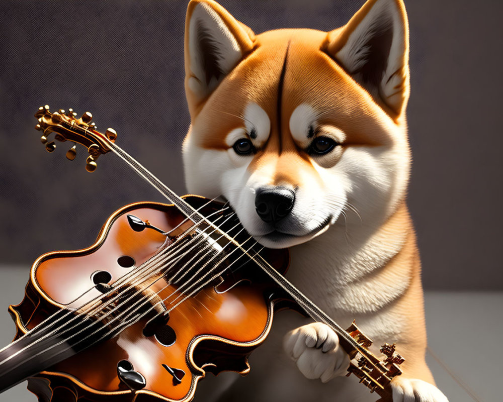 Shiba Inu dog examining violin on reflective surface