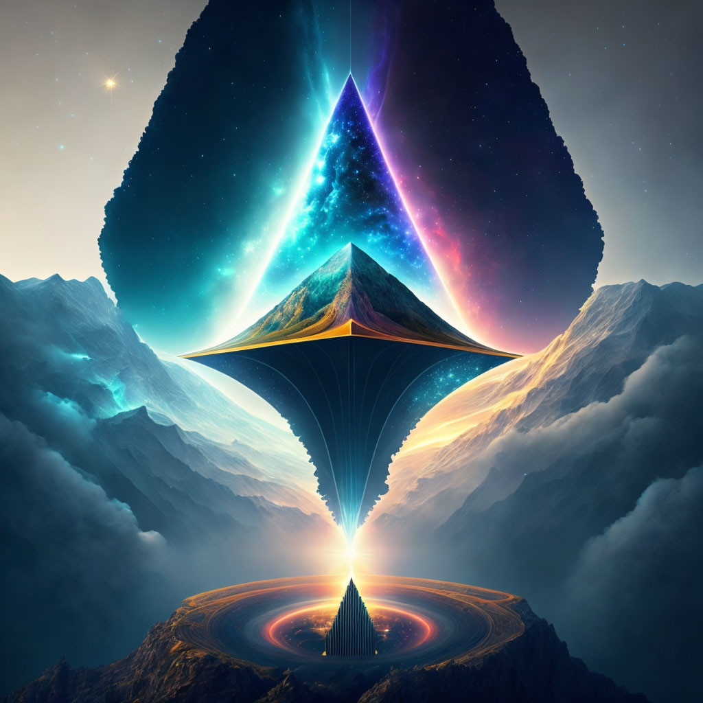 Mountain peak cosmic portal with vibrant colors and starry space surrounded by clouds