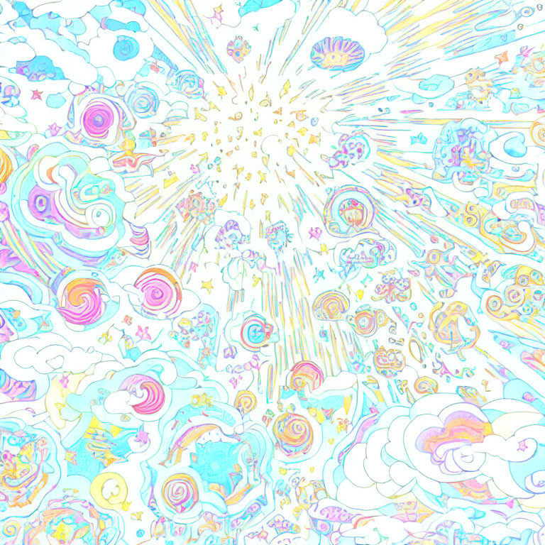 Pastel-colored explosion with swirling patterns and abstract shapes