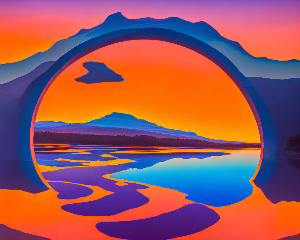 Digital sunset illustration with dolphin silhouette and mountain landscape reflected in water