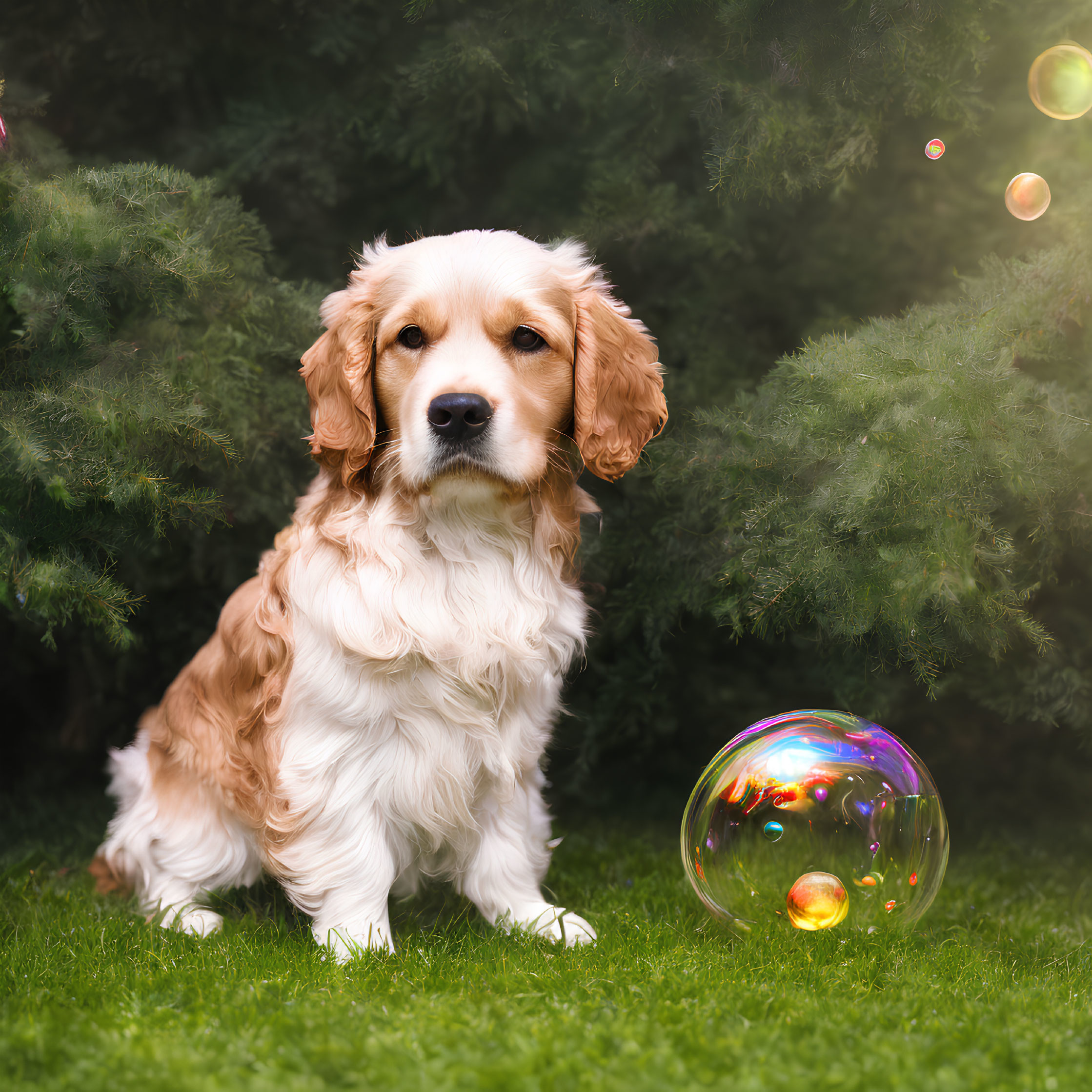 Fluffy Tan and White Cocker Spaniel Sitting by Bubble on Grass