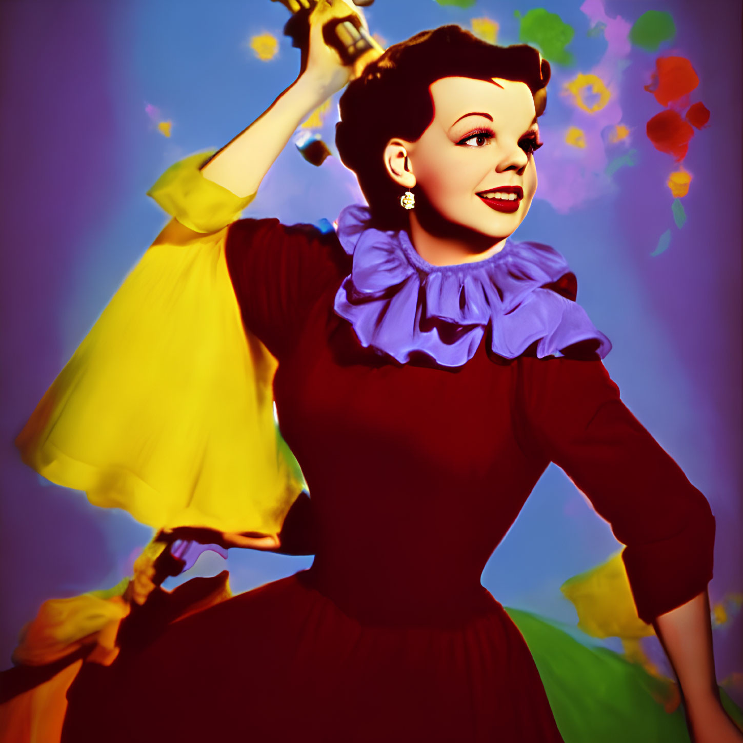 Stylized vintage portrait of woman in red dress with paintbrush