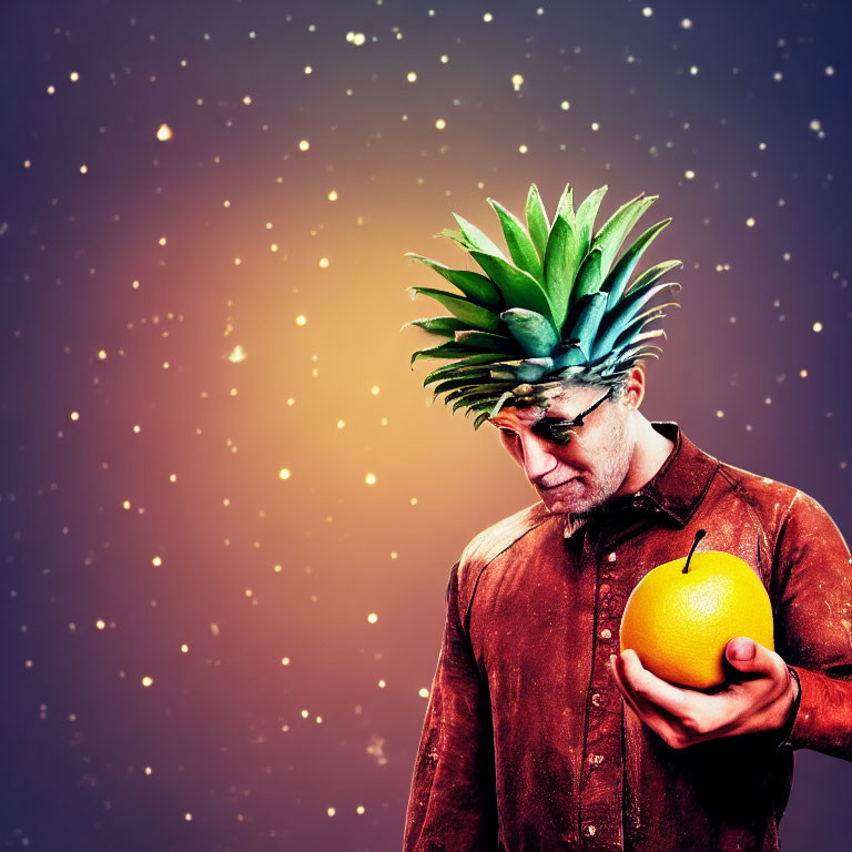 Person with pineapple headpiece holding orange under starry sky