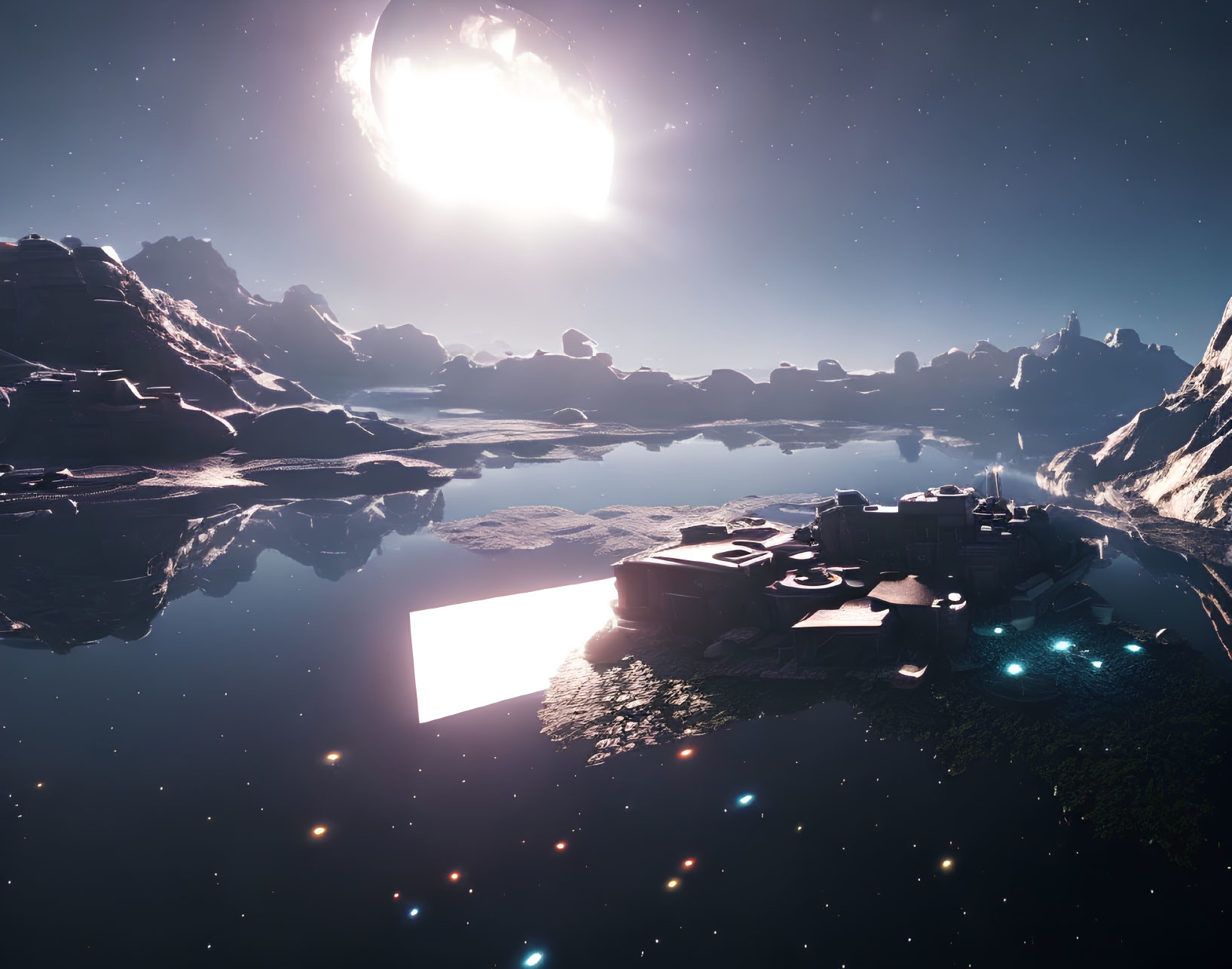 Sci-fi landscape with celestial body, reflective water, futuristic structures