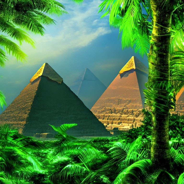 Iconic Great Pyramids of Giza framed by lush green foliage under clear sky