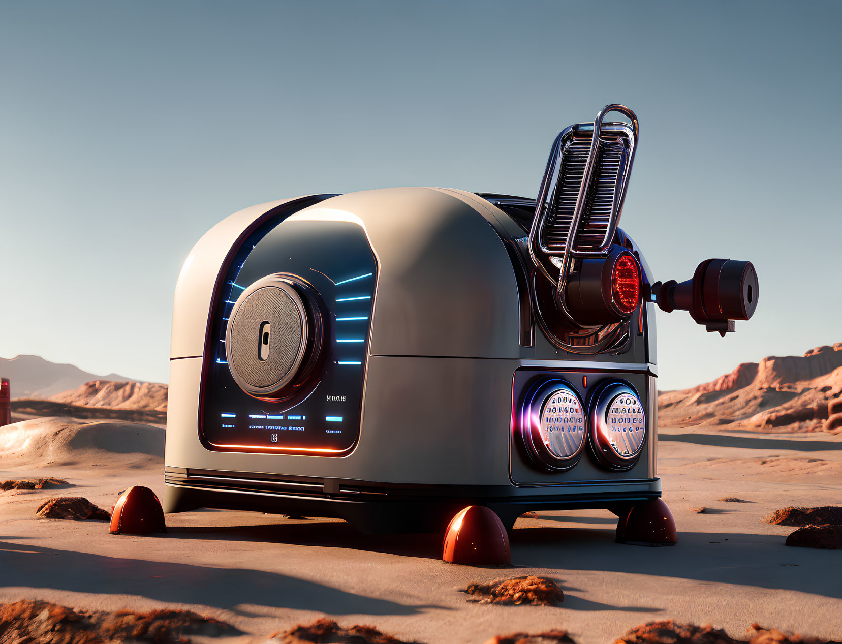 Futuristic device with sleek design in desert setting with dials and red landing pads