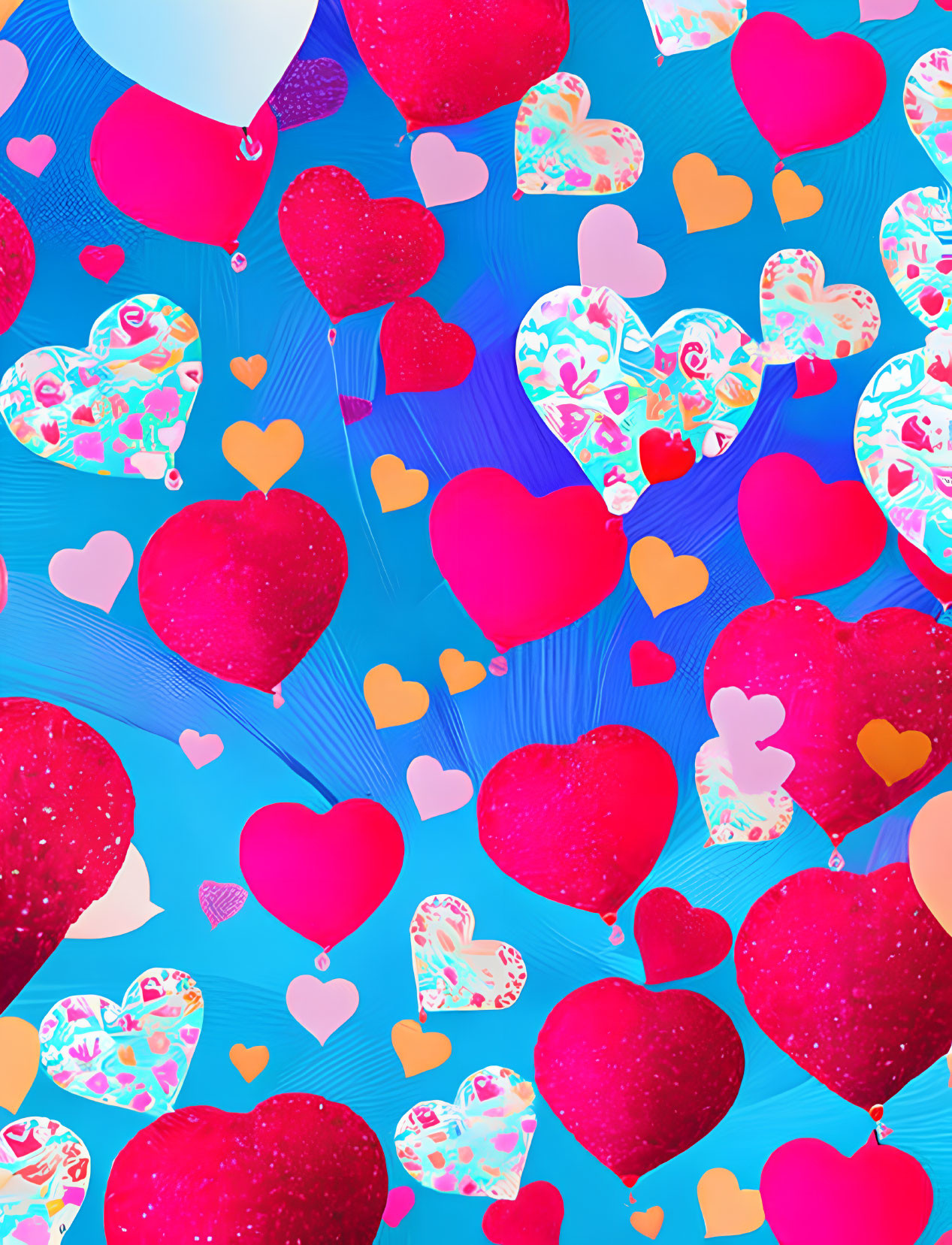 Colorful Heart-Shaped Balloon Collage on Blue Textured Background