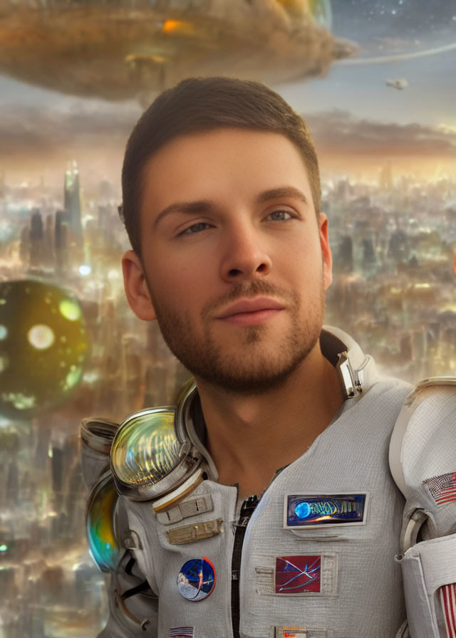 Male astronaut in spacesuit against futuristic cityscape.