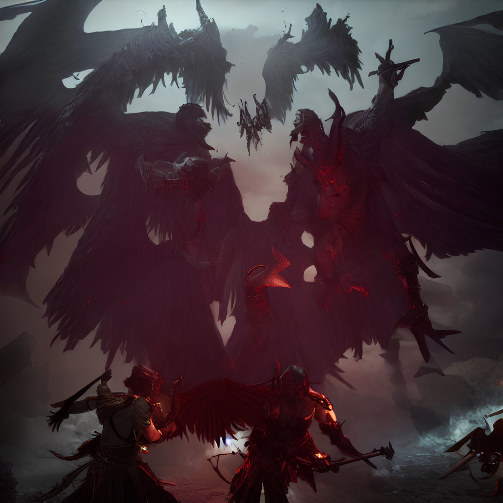 Fantasy Scene: Winged Demons and Warriors in Hellish Landscape