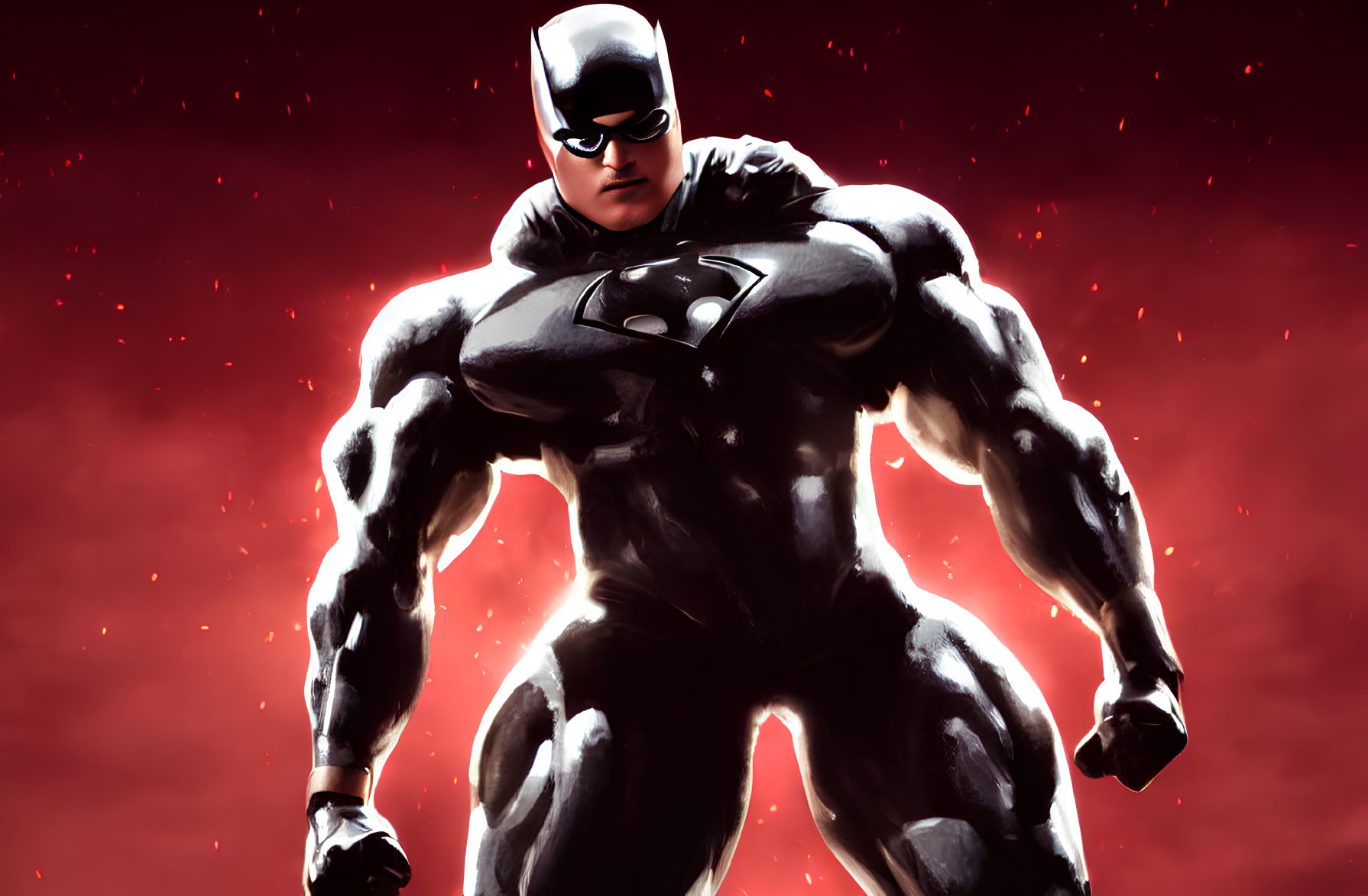 Exaggerated muscular Batman illustration on dark red backdrop