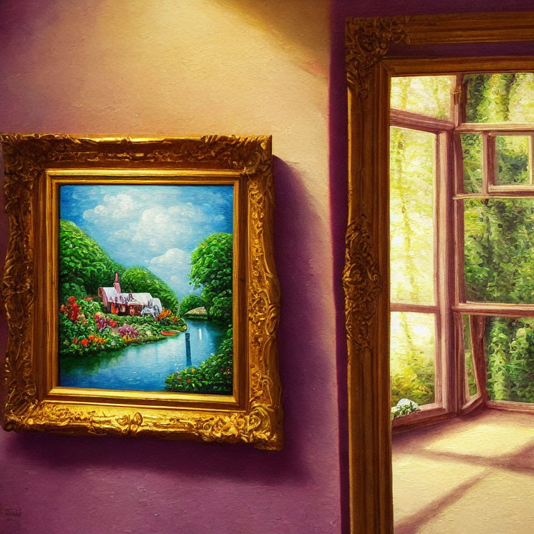 Vivid lakeside village painting on purple wall with sunlight streaming through