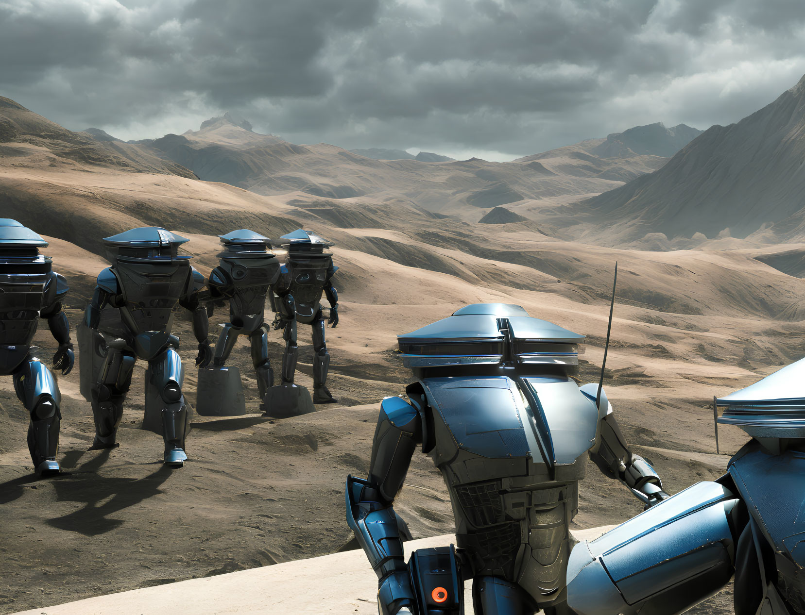 Blue and Black Armored Robots in Desert Landscape with Dark Hills